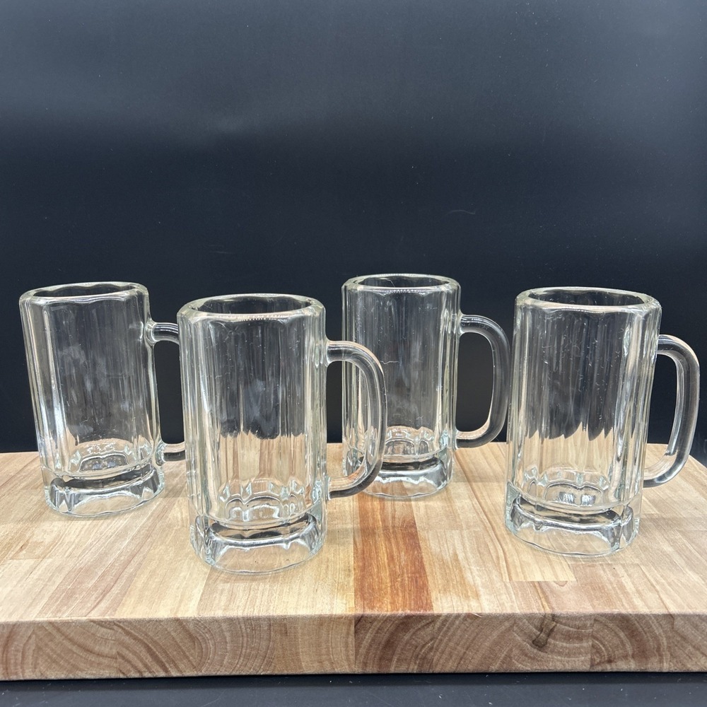 Vtg Libbey Set 4 Beer Mugs 6" Heavy Clear Pressed Glass 6 Panel Thumb Rest 12 Oz